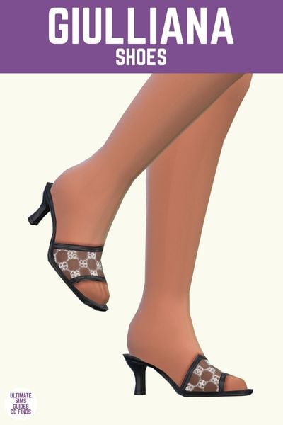 This image has a purple bar at the top with white text that says "Guilliana Shoes" and below is a close up of a sim's legs and feet wearing heels