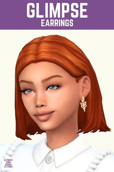 This image has a purple bar at the top with white text that says "Glimpse Earrings" and below is a sim with red hair wearing a pair of dangly earrings with a butterfly and a moon 
