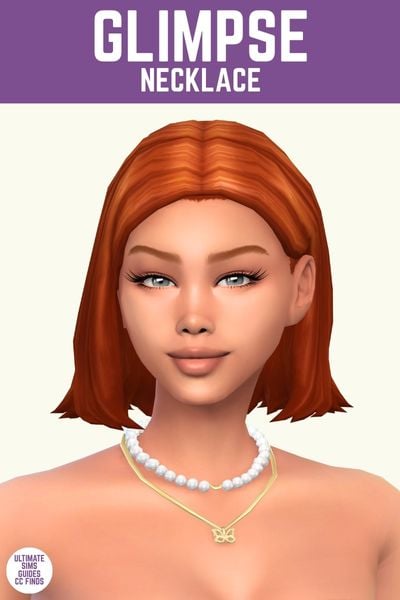 This image has a purple bar at the top with white text that says "Glimpse Necklace" and below is a sim with red hair wearing two necklaces, one with pearls and one with a small butterfly 