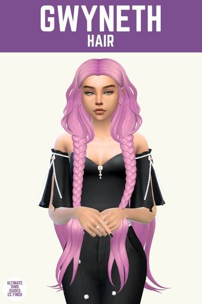 This image has a purple bar at the top with white text that says "Gwyneth Hair" and below is a sim wearing all black with long pink hair in two braids