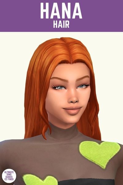 This image has a purple bar at the top with white text that says "Hana Hair" and below is a sim with red hair in a middle part behind their back 