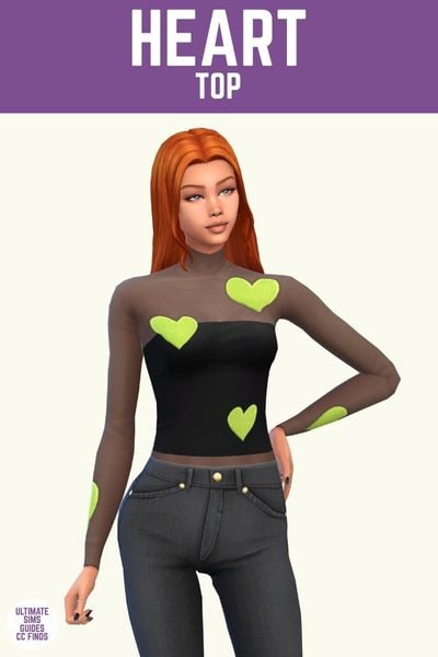 This image has a purple bar at the top with white text that says "Heart Top" and below is a sim wearing a long sleeve mesh top with green hearts over a black tube top 
