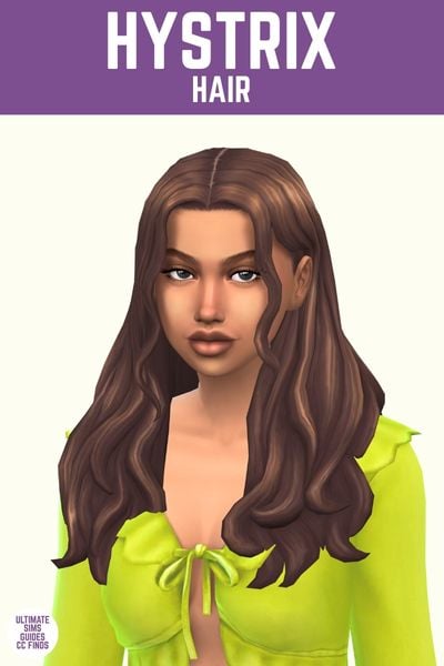 This image has a purple bar at the top with white text that reads "Hystrix Hair" and below is a sim with a centre part hair with a little bit of a wave to their hair 