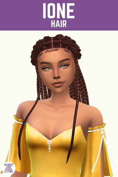 This image has a purple bar at the top with white text that says "Ione Hair" and below is a sim wearing an off the shoulder yellow top with detached sleeves and box braids