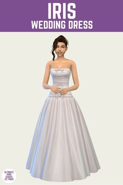 This is a product image for a wedding dress from the Anita Rose Collection by Sentate. At the top is a purple bar with white text that says "Iris Wedding Dress" and below is a sim wearing a strapless wedding dress with bows 