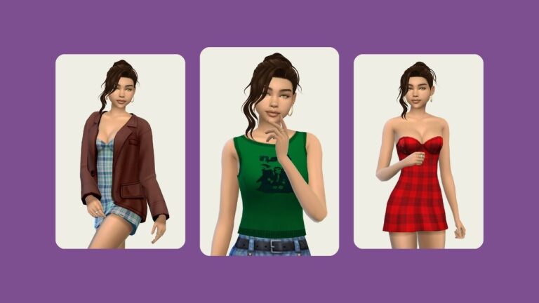 This image has a purple background with three rounded-edge rectangles. Inside those rectangles there is a sim posed in different items from the IT Girl Collection
