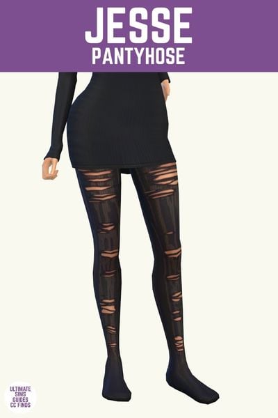 This image has a purple bar at the top with white text that says "Jesse Pantyhose" and below is a sim from the waist down wearing a black dress and ripped tights. 