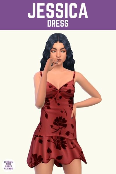This image has a purple bar at the top with white text that says "Jessica Dress" and below is a sim with middle part waved black hair behind their back. They are wearing a red dress with darker red flower designs