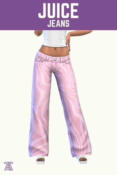 This image has a purple bar at the top with white text that reads "Juice Jeans" and below is a sim from the waist down wearing light pink jeans with a waved designs 