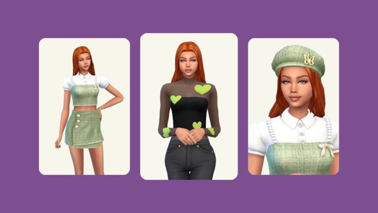 This image has a purple background with three rounded-edge rectangles. Inside of those rectangles is a sim with red hair posed in various outfits in green swatches.