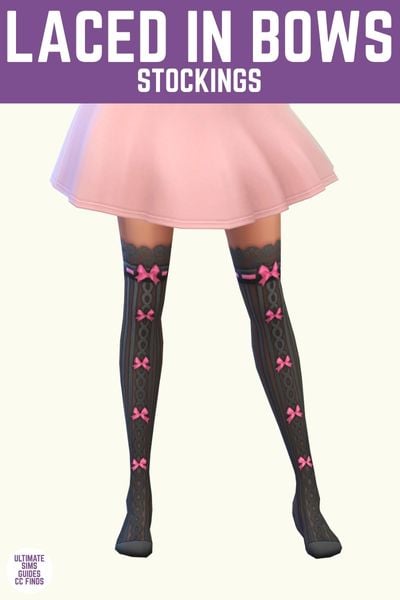 This image has a purple bar at the top with white text that says "Laced in Bows Stockings" and below is a sim from the hips down. Wearing a pink skirt and black thigh high stockings with pink bows. 