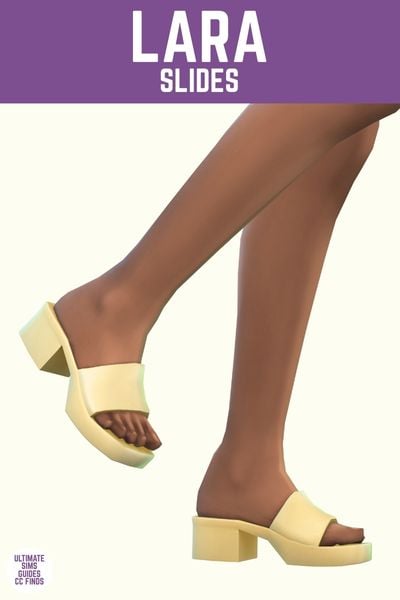 This image has a purple bar at the top with white text that reads "Lara Slides" and below is a sim's legs from the knees down wearing butter yellow heeled slides 
