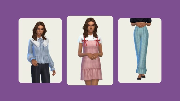 This image has a purple background and three rounded-edge rectangles. Inside the rectangles are images of a sim wearing different pieces from the latte set by twisted cat