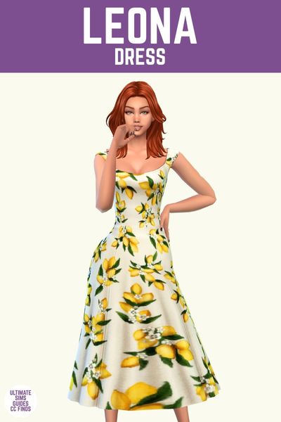 This image has a purple bar at the top with white text that says "Leona Dress" and below is a sim with shoulder length red hair wearing a white dress with lemons on it 