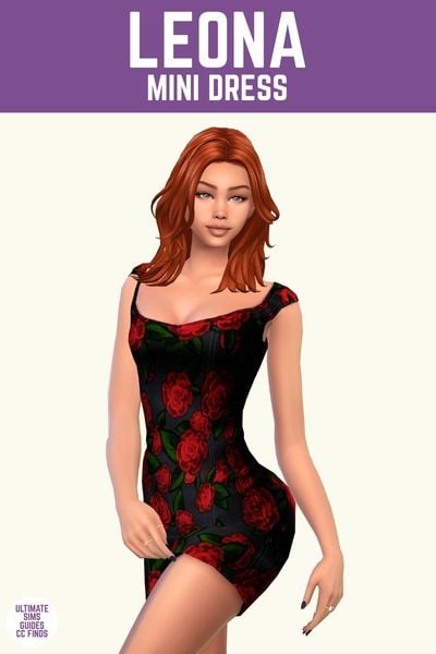 This image has a purple bar at the top with white text that says "Leona Mini Dress" and below is a sim with shoulder length red hair wearing a black mini dress with red roses 