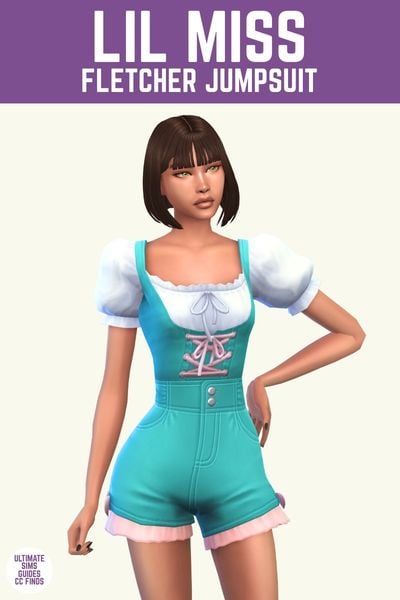 This image has a purple bar at the top with white text that says "Little Miss Fletcher Jumpsuit" and below is a sim wearing a puff sleeve short jumpsuit with ruffles at the bottom 
