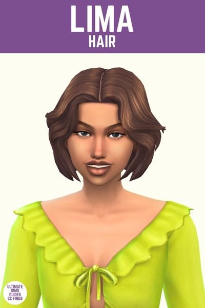 This image has a purple bar at the top with white text that reads "Lima Hair" and below is a sim with a green top and a middle-part bob hair 