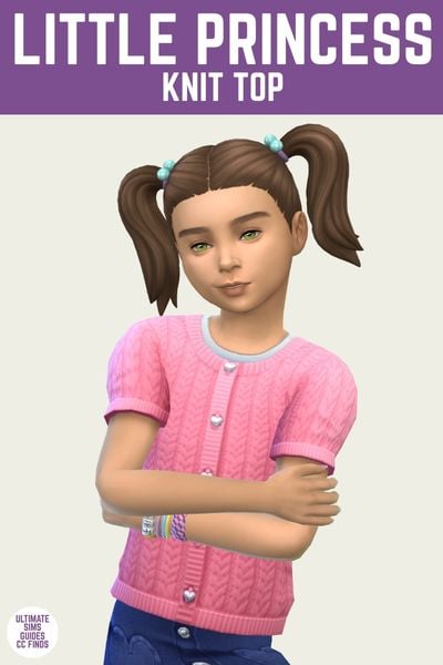 This is a product image for an item from The Playground Set by Joliebean. This image has a purple bar at the top with white text that says "Little Princess Knit Top" and below is a child-aged girl posing. They have a pink knit t-shirt sweater on that has heart-shaped buttons. 