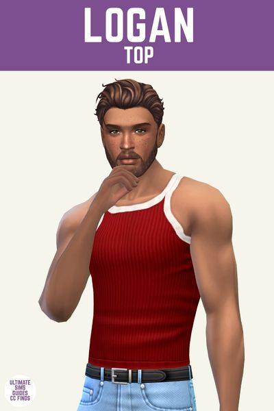 This is a product image for items from the vetier collection of sims cc. This image has a purple bar at the top with white text that says "Logan Top" and below is a male sim with brown hair wearing a red ribbed tank top with white edges. 