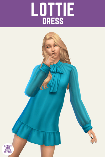 This is a product image for a cc item from The Élan Collection by Serenity. At the top is a purple bar with white text that says "Lottie Dress" and below is a blonde sim posing. They are wearing a long sleeve mini-dress in blue. 