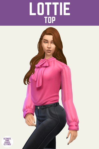 This is a product image for a cc item from The Élan Collection by Serenity. At the top is a purple bar with white text that says "Lottie Top" and below is a sim posed with brown hair and a pink long sleeve blouse. 