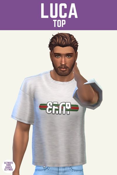 This is a product image for items from the vetier collection of sims cc. This image has a purple bar at the top with white text that says "Luca Top" and below that is a male sim with brown hair and a beard posing. They are wearing a heather grey t-shirt 