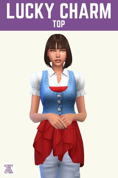 This image has a purple bar at the top with white text that says "Lucky Charm Top" and below is a sim from the thighs up. They are wearing a puff sleeve white button up with a strapless top over it and a denim vest over that. 