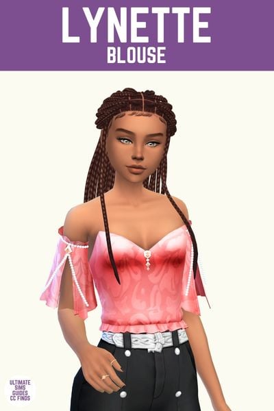 This image has a purple bar at the top with white text that says "Lynette Blouse" and below is a sim with box braids wearing black jeans and an off the shoulder pink top with detached sleeves