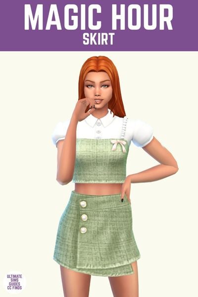 This image has a purple bar at the top with white text that says "Magic Hour Skirt" and below is a sim wearing a green tweed wrap skirt with golden buttons 