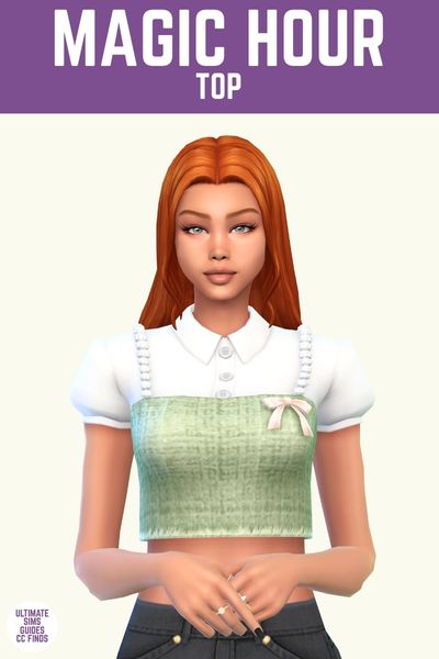 This image has a purple bar at the top with white text that says "Magic Hour Top" and below is a sim with red hair wearing a t-shirt button down with a green tweed top over it 