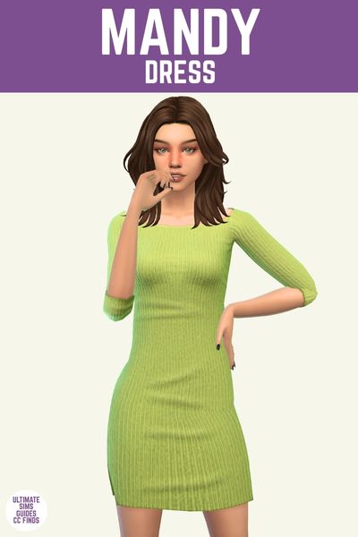 This is a product image for a cc piece from The Sunday Set. This image has a purple bar at the top with white text that says "Mandy Dress" and below is a sim posed from the knees up. They have shoulder length brown hair and are wearing a 3/4 length sleeve knit ribbed green dress. 