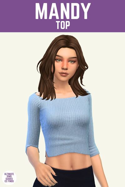 This is a product image for a cc piece from The Sunday Set. This image has a purple bar at the top with white text that says "Mandy top" and below is a sim from the waist up. They are wearing a black skirt and a cropped knit ribbed blue shirt with 3/4 length sleeves and brown hair. 