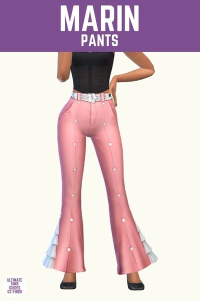 This image has a purple bar at the top with white text that says "Marin Pants" and below is a sim from the waist down wearing a black top and pink pants. The pants have pearls on them.