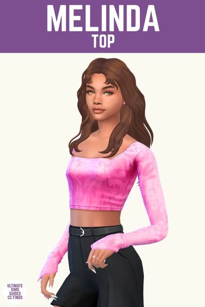 This is a product image for pieces from the supernova set. This image has a purple bar at the top with white text that says "Melinda Top" and below is a sim posed from mid-thigh up. The sim has brown hair and is wearing black shorts and a pink cropped long sleeve shirt with a subtle floral pattern.