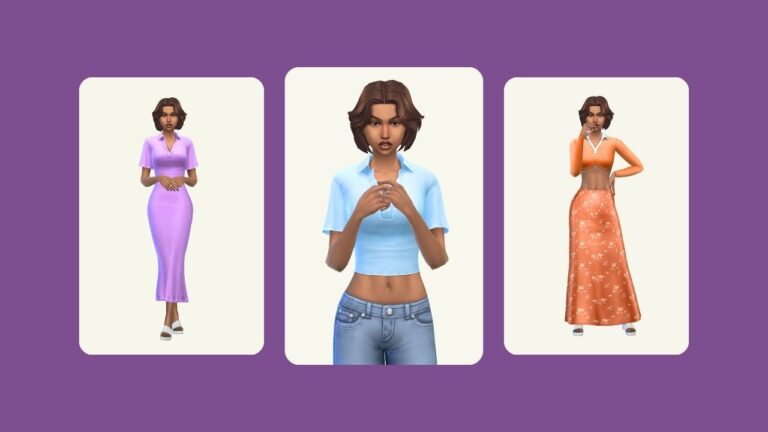 This image has a purple background with three rounded-edge rectangles and inside of those rectangles are images of sims wearing dresses.