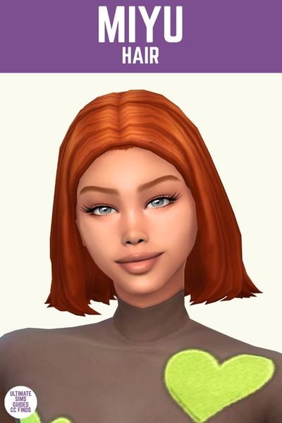 This image has a purple bar at the top with white text that says "Miyu Hair" and below is a sim with chin-length red hair 
