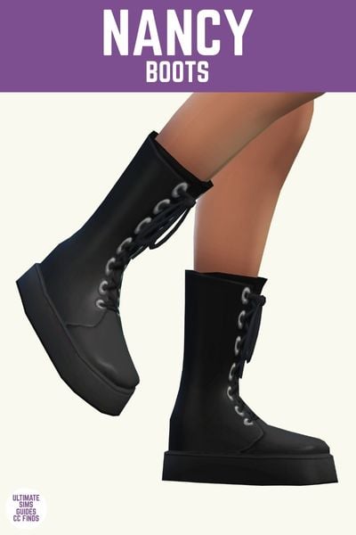 This image has a purple bar at the top with white text that says "Nancy Boots" and below is a sim's legs with black mid-calf height boots on. 