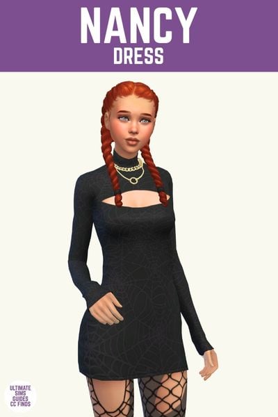 This image has a purple bar at the top with white text that says "Nancy Dress" and below is a female sim with red hair in braids. She is wearing a long sleeve black dress with a subtle spider web design 