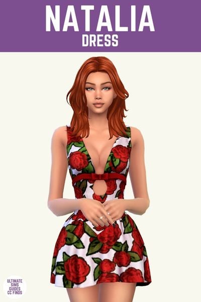 This image has a purple bar at the top with white text that says "Natalia Dress" and below is a sim with red hair wearing a white dress with red roses 