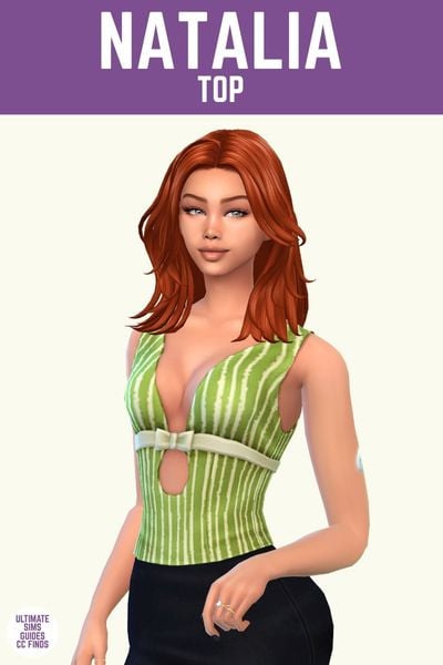 This image has a purple bar at the top with white text that says "Natalia Top" and below is a sim with red hair wearing a green tank top with white lines 
