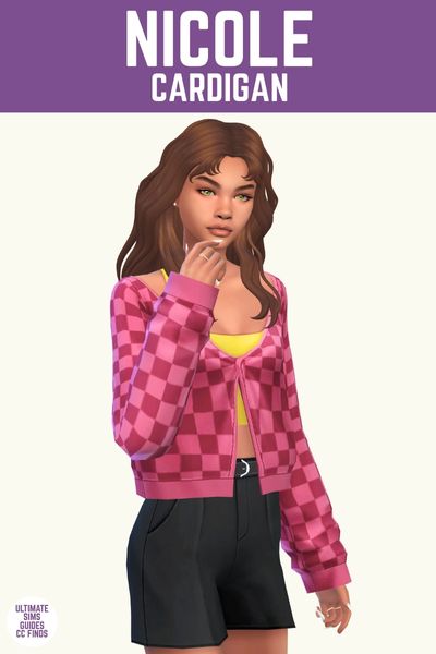 This is a product image for pieces from the supernova set. This image has a purple bar at the top with white text that says "Nicole Cardigan" and below is a sim from the knees up. The sim has brown hair and is wearing black shorts, a yellow tank top and a checkered cardigan in pink.