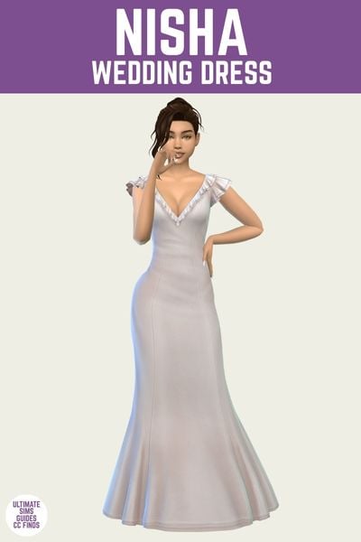 This is a product image for a wedding dress from the Anita Rose Collection by Sentate. At the top is a purple bar with white text that says "Nisha Wedding Dress" and below is a sim wearing a tame wedding dress with cap sleeves and no sparkles. 