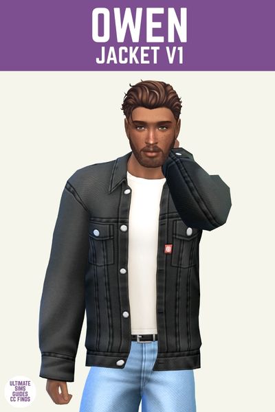 This is a product image for items from the vetier collection of sims cc. This image has a purple bar at the top with white text that says "Owen Jacket V1" and below that is a male sim posed. They are wearing light blue jeans with a black denim jacket and white t-shirt. 