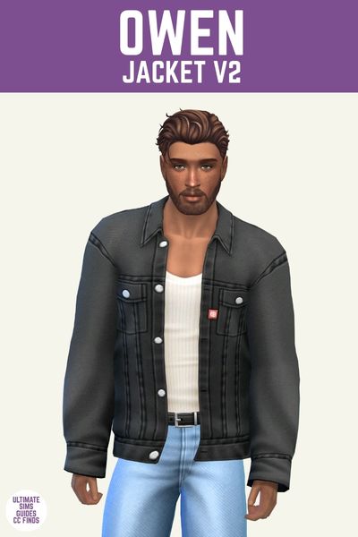 This is a product image for items from the vetier collection of sims cc. This image has a purple bar at the top with white text that says "Owen Jacket V2" and below is a sim. This male sim has brown hair, a beard and is wearing a white tank top under a black denim jacket with blue jeans. 