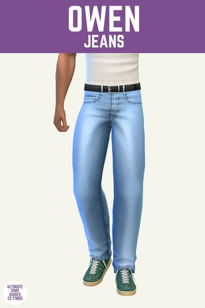 This is a product image for items from the vetier collection of sims cc. This image has a purple bar at the top with white text that says "Owen Jeans" and there is a sim from the waist down. They are wearing a white tank top, green sneakers and blue jeans with a black belt. 