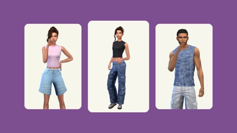 This image has a purple background with three rounded-edge rectangles. Inside of these rectangles are sims posed in hiking style clothing.