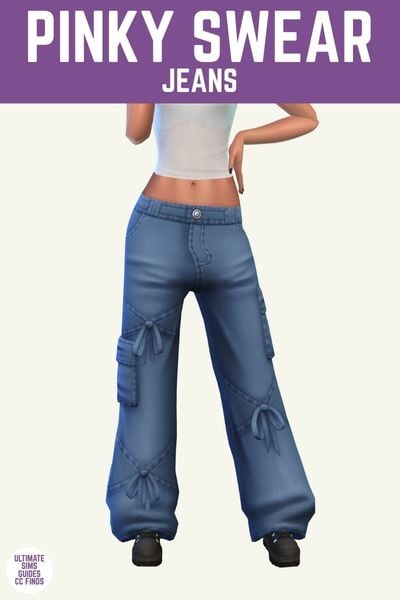 This image has a purple bar at the top with white text that says "Pinky Swear Jeans" and below is a sim from the waist down. They are wearing a white shirt and blue jeans with bows on them 