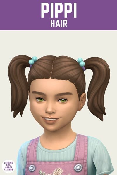 This is a product image for an item from The Playground Set by Joliebean. This image has a purple bar at the top with white text that says "Pippi Hair" and below is a sim. This sim is a child wearing a light teal t-shirt and pink overall dress. The sim's hair is in pigtails with little ball accessories. 
