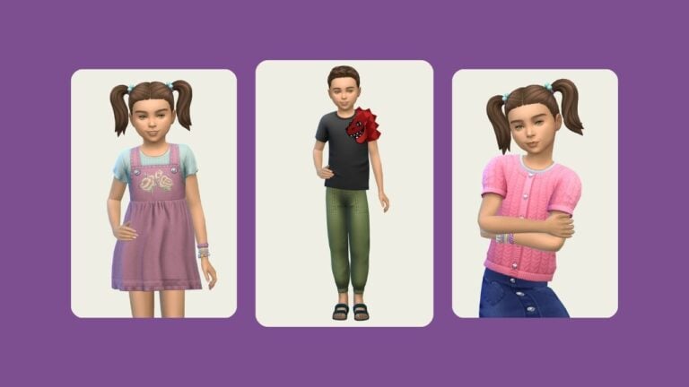 This image has a purple background with three rounded rectangles. Inside of those rectangles are children wearing pieces from The Playground Collection by Joliebean.