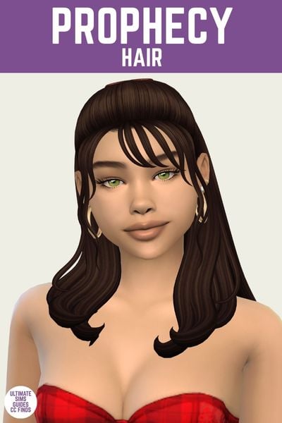 This is a product image for custom content from the IT Girl Collection. This image has a purple bar at the top with white text that says "Prophecy Hair" and below is a im with brown hair that's half up with side bangs